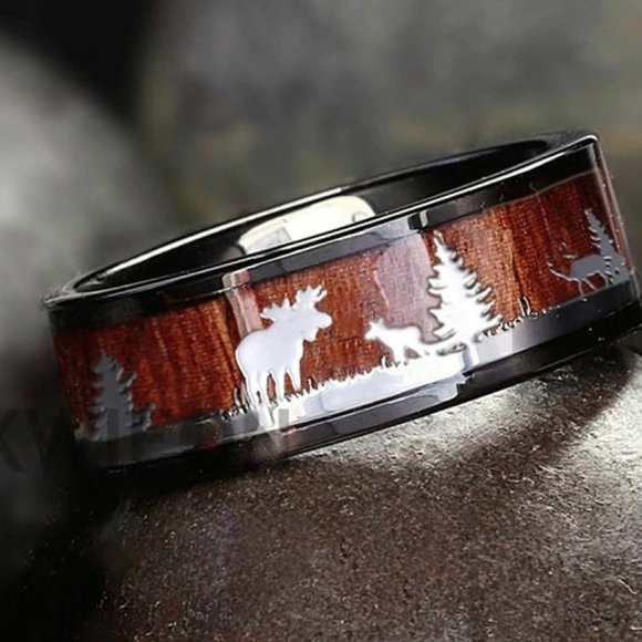 Oliver Black Tungsten Men's Ring; Wood Inlay; Moose Sillouette - Atlers-Trees - Picture 2 of 6